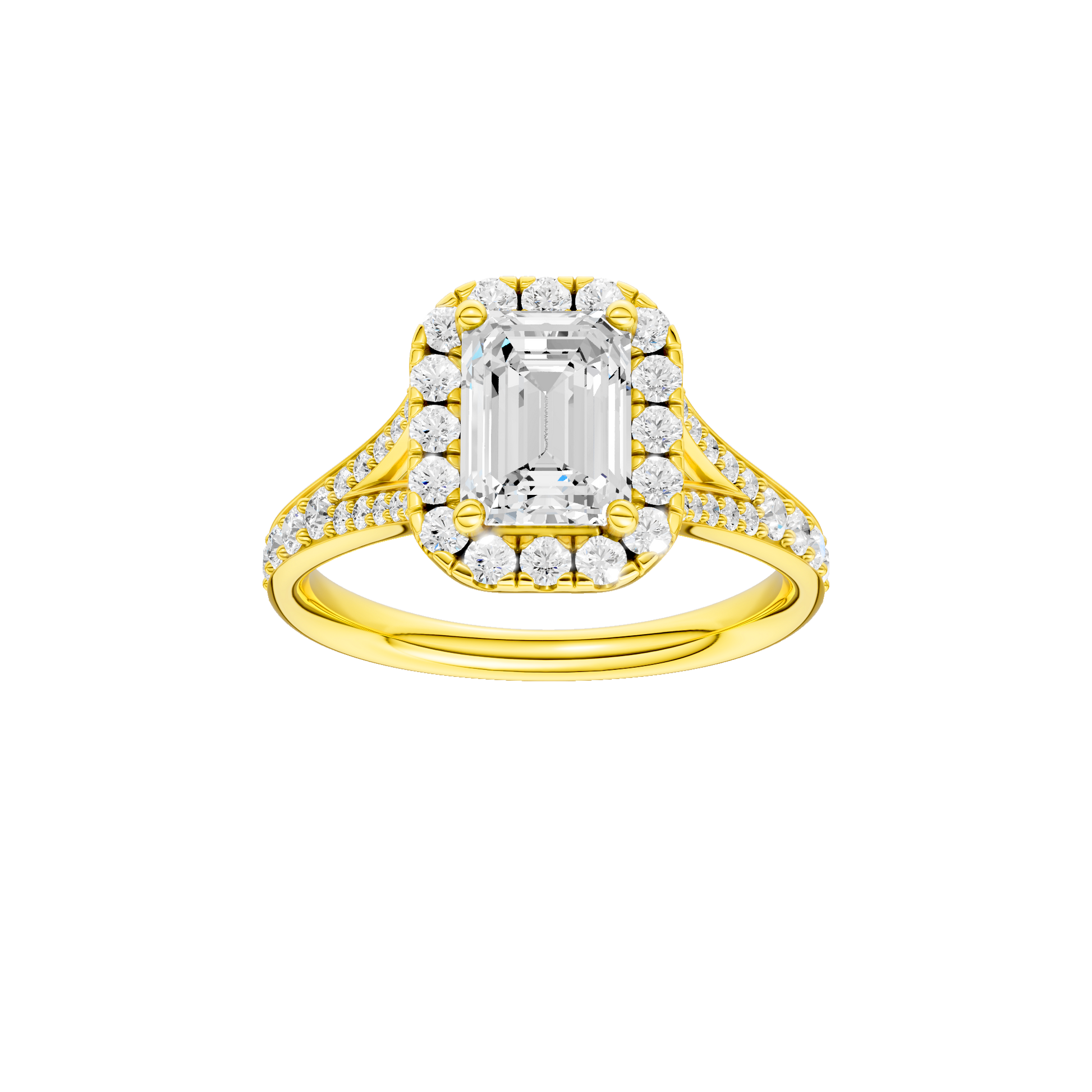 Emerald-cut diamond engagement ring with a channel-set diamond band and halo setting.