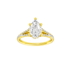 Pear-cut diamond engagement ring with a prong-set diamond band and hidden-halo setting.