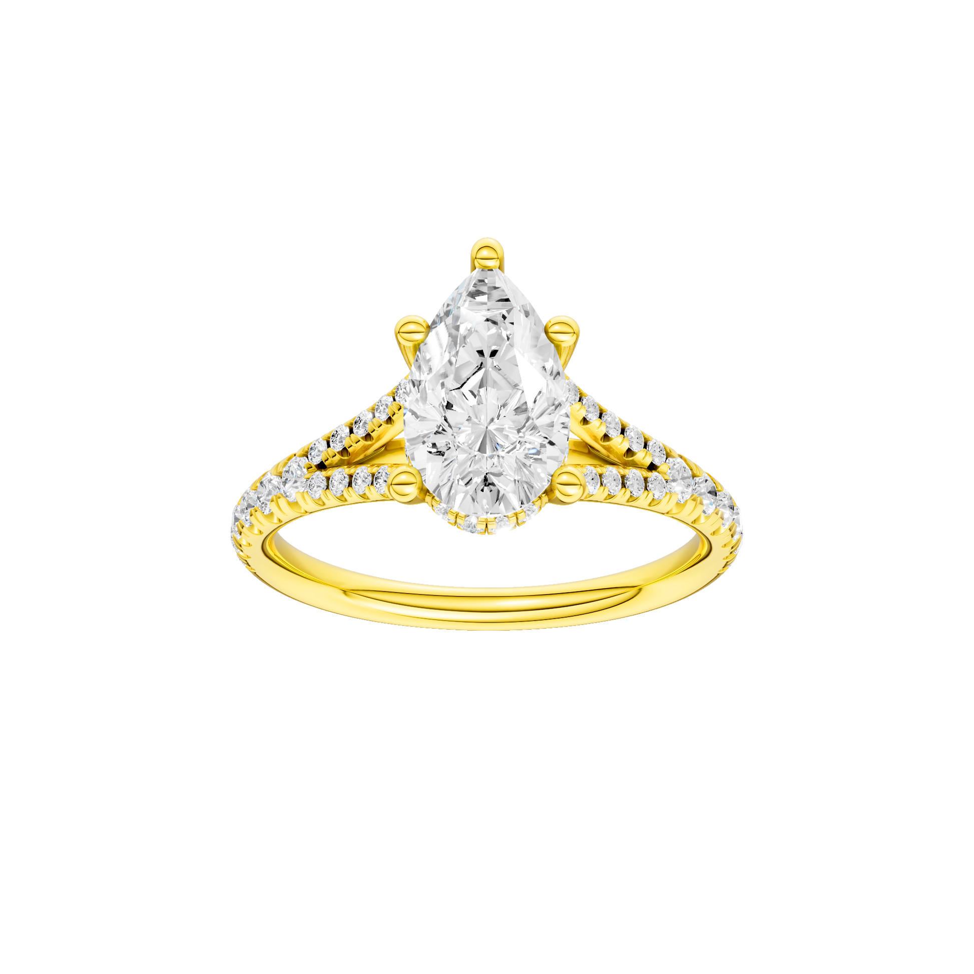 Pear-cut diamond engagement ring with a prong-set diamond band and hidden-halo setting.
