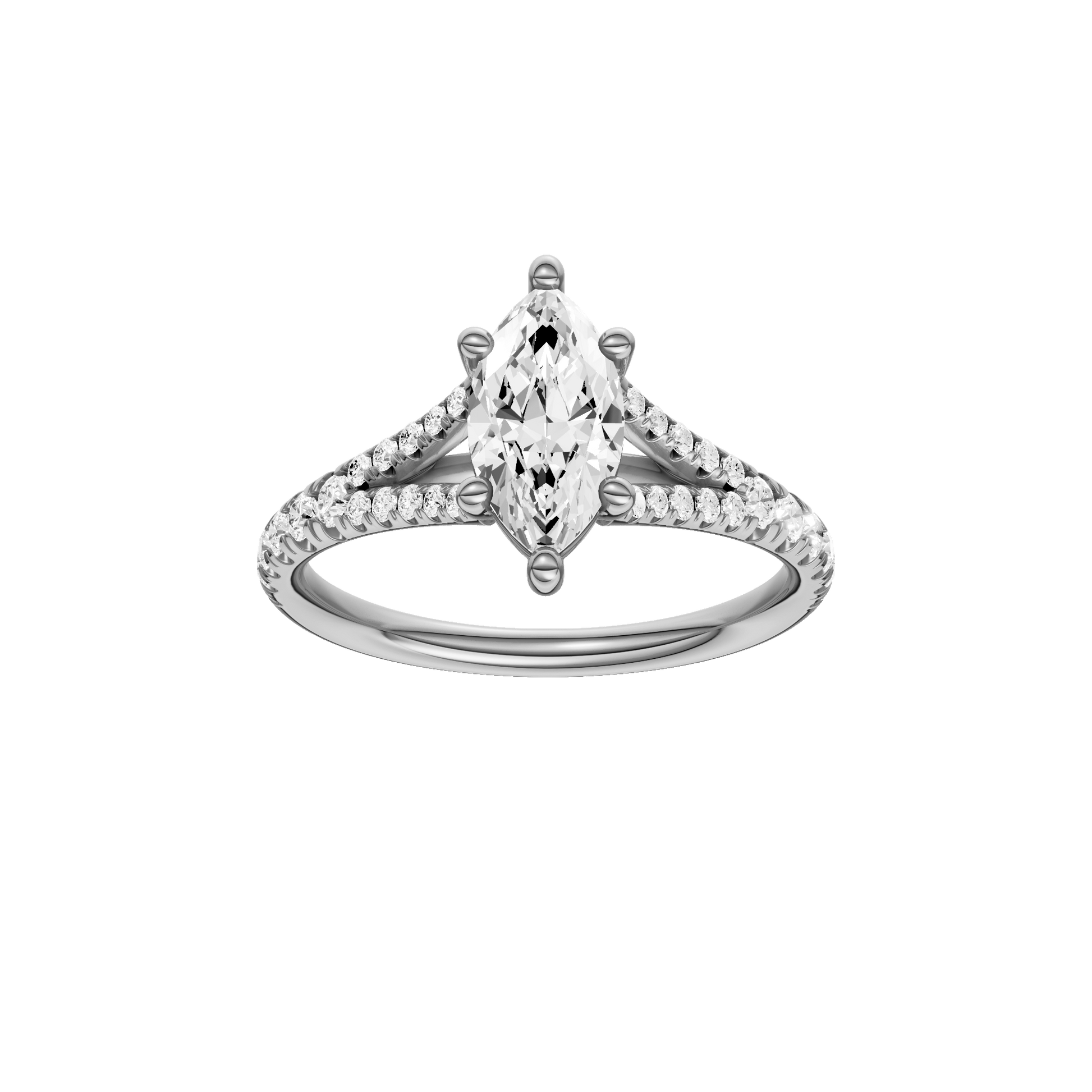 Marquise-cut diamond engagement ring with a prong-set diamond band and solitaire setting.
