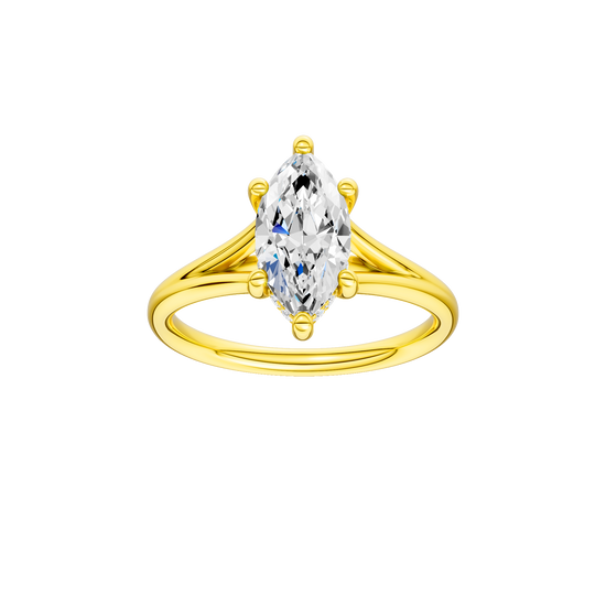 Marquise-cut diamond engagement ring with a plain band and hidden-halo setting.