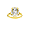 Radiant-cut diamond engagement ring with a plain band and halo setting.