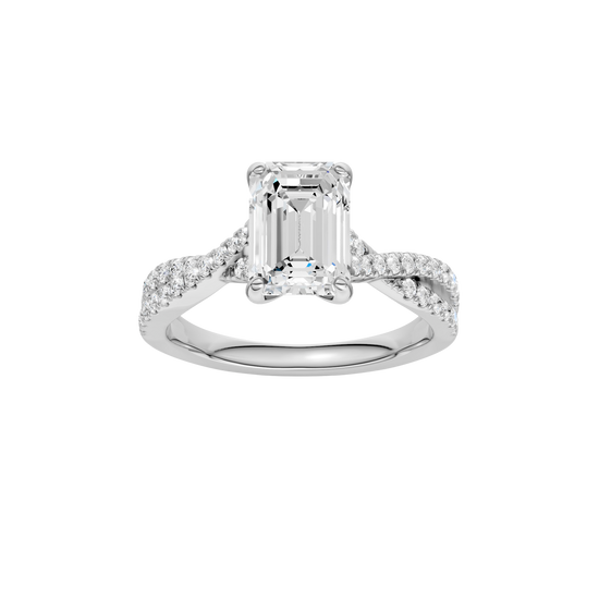Emerald-cut diamond engagement ring in 14k white gold with a prong-set diamond band and twist setting