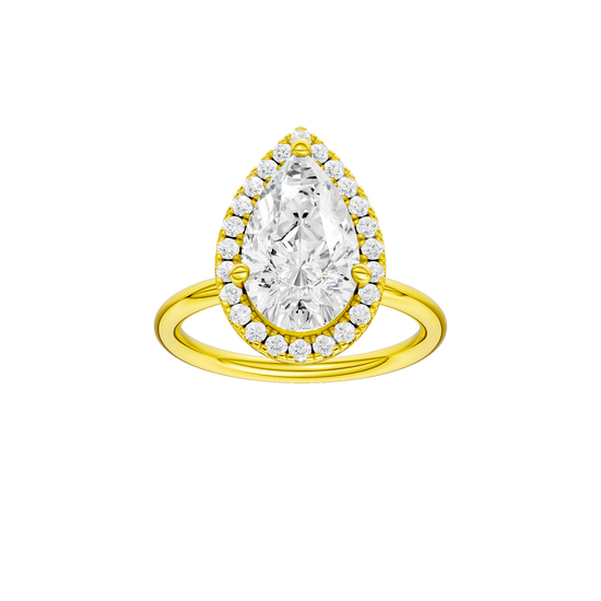 Pear-cut diamond engagement ring with a plain band and halo setting.