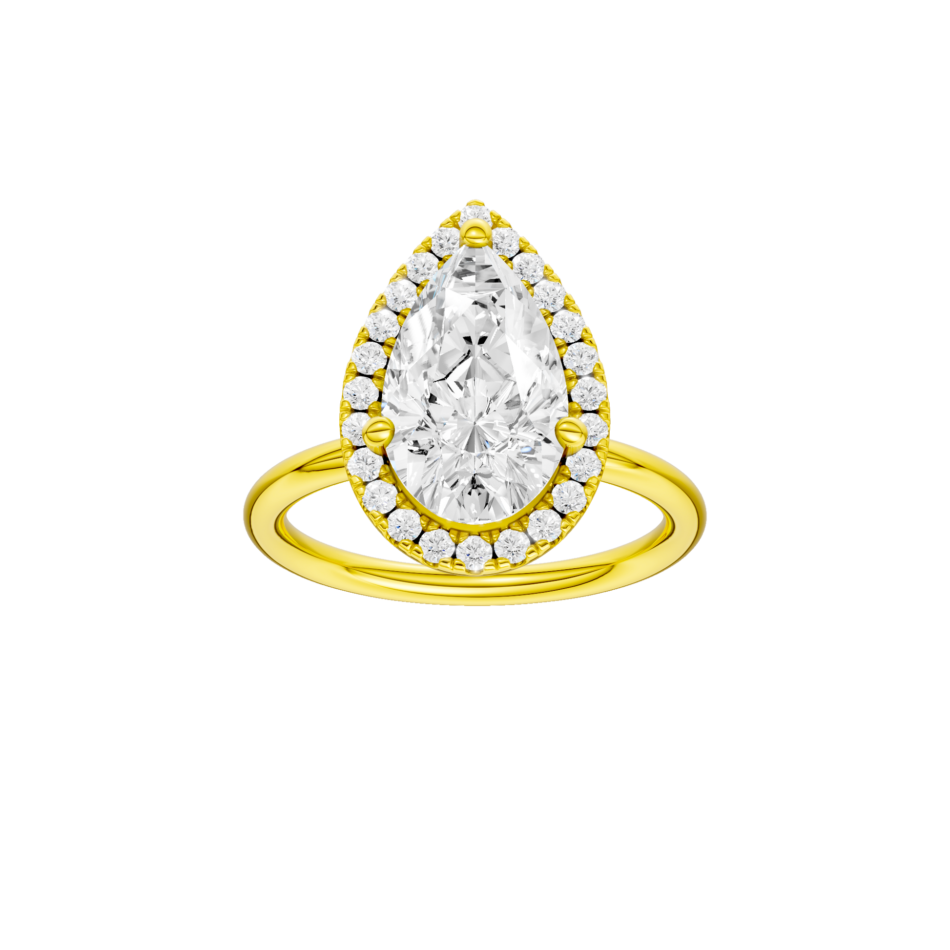Pear-cut diamond engagement ring with a plain band and halo setting.