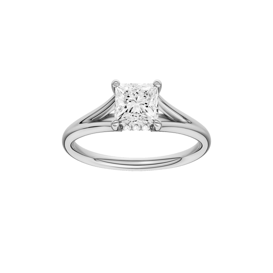 Princess-cut diamond engagement ring with a plain band and hidden-halo setting.