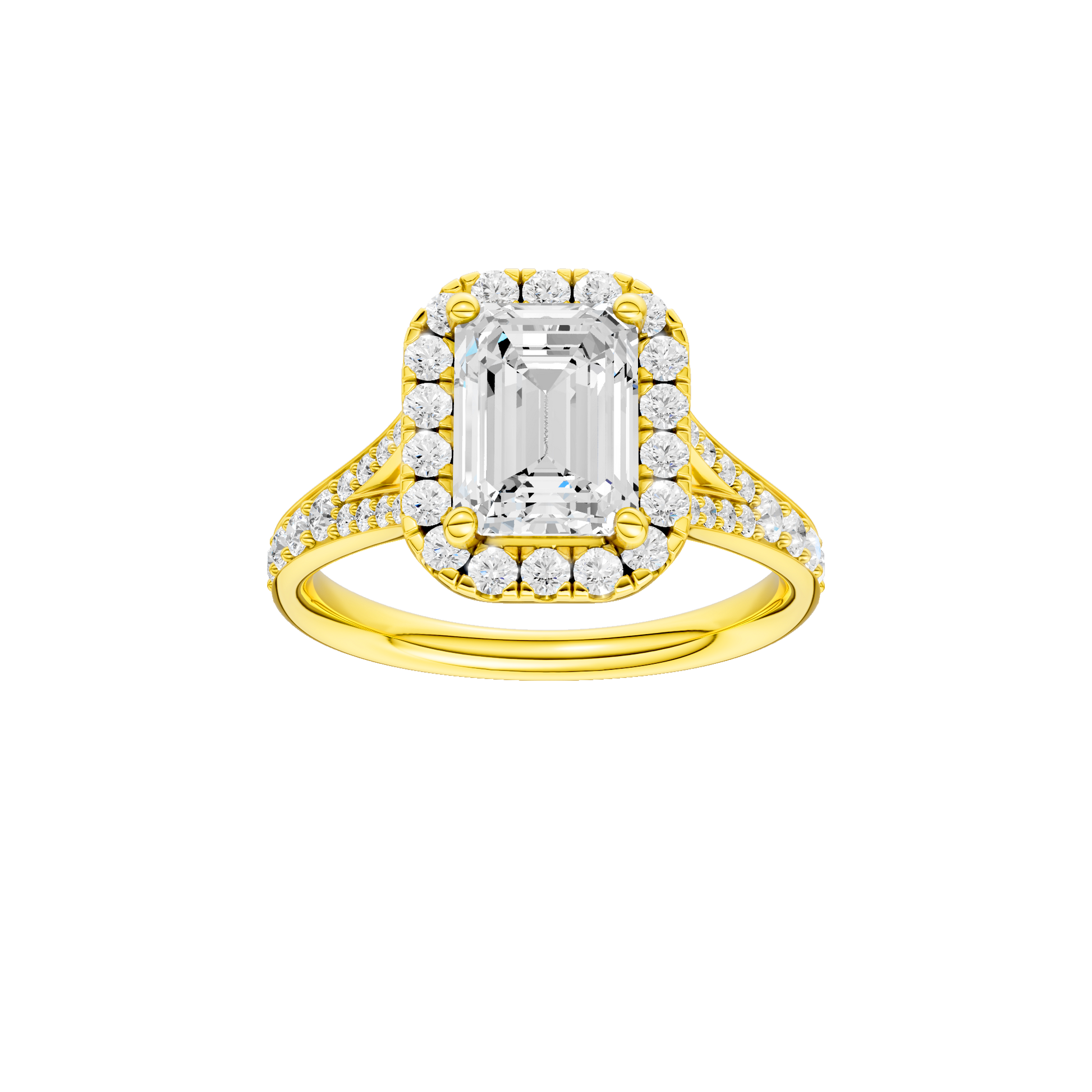 Emerald-cut diamond engagement ring with a channel-set diamond band and halo setting.