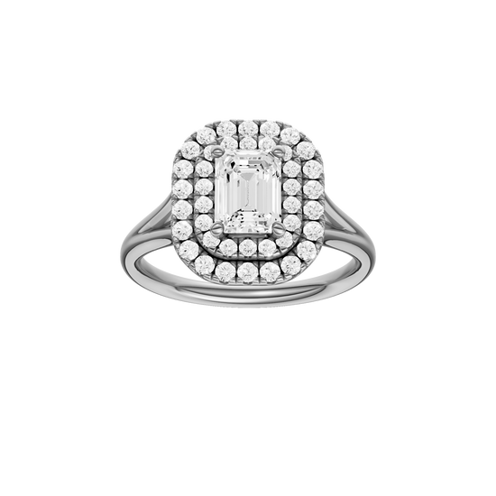 Emerald-cut diamond engagement ring with a plain band and double-halo setting.