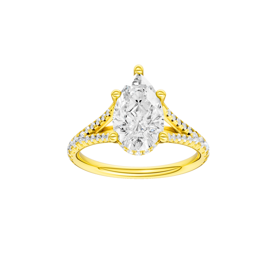 Pear-cut diamond engagement ring with a prong-set diamond band and hidden-halo setting.
