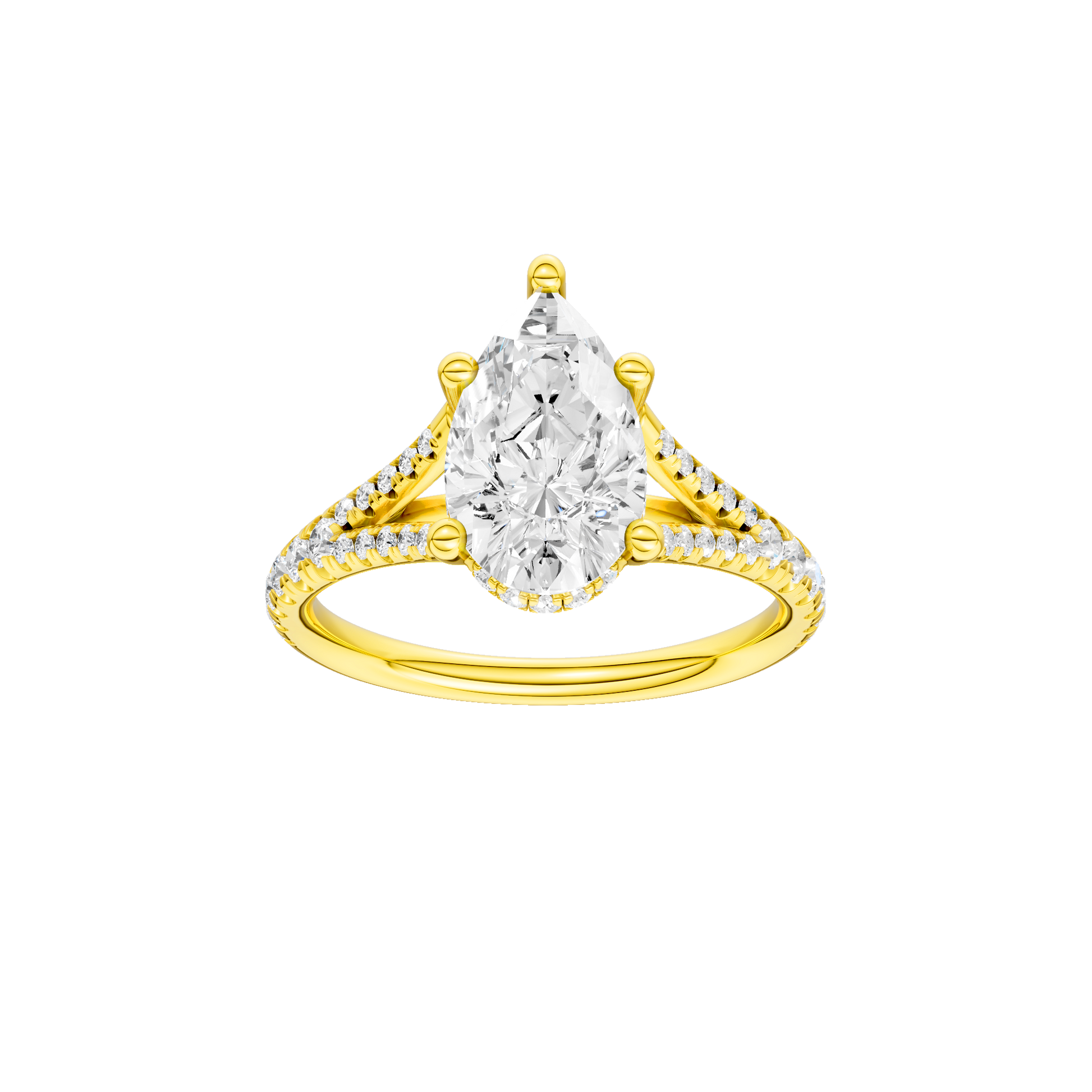 Pear-cut diamond engagement ring with a prong-set diamond band and hidden-halo setting.