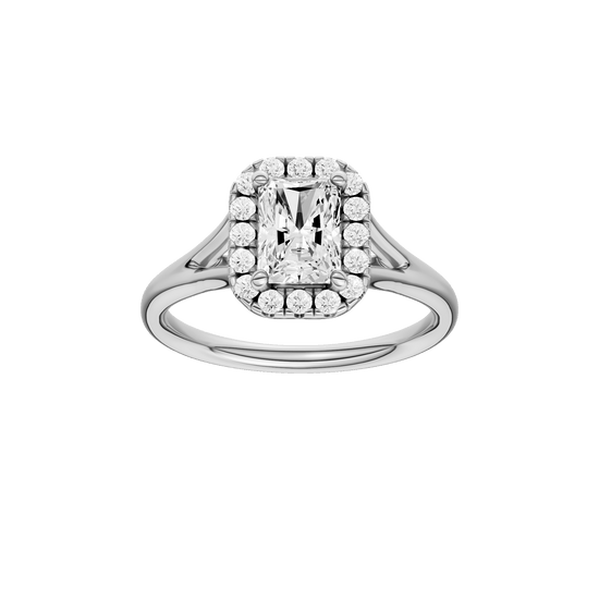 Radiant-cut diamond engagement ring with a plain band and halo setting.