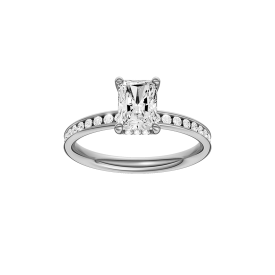 Radiant-cut diamond engagement ring with a channel-set diamond band and hidden-halo setting.