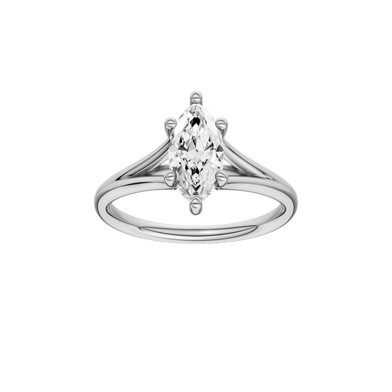 Marquise-cut diamond engagement ring with a plain band and hidden-halo setting.