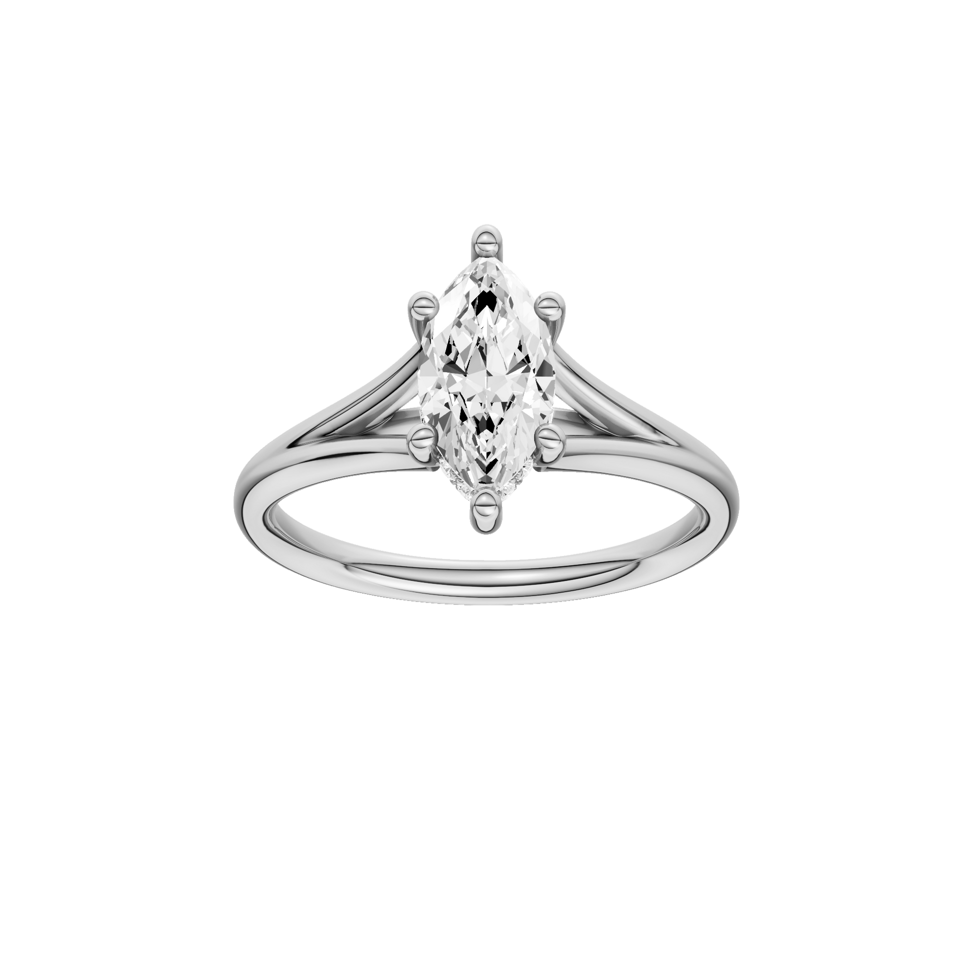 Marquise-cut diamond engagement ring with a plain band and hidden-halo setting.
