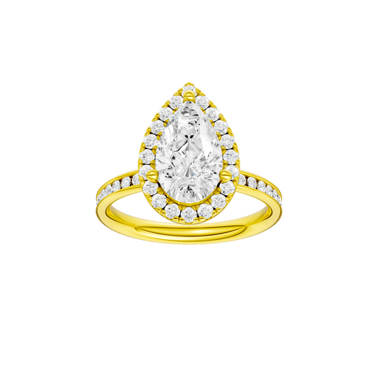 Pear-cut diamond engagement ring with a channel-set diamond band and halo setting.