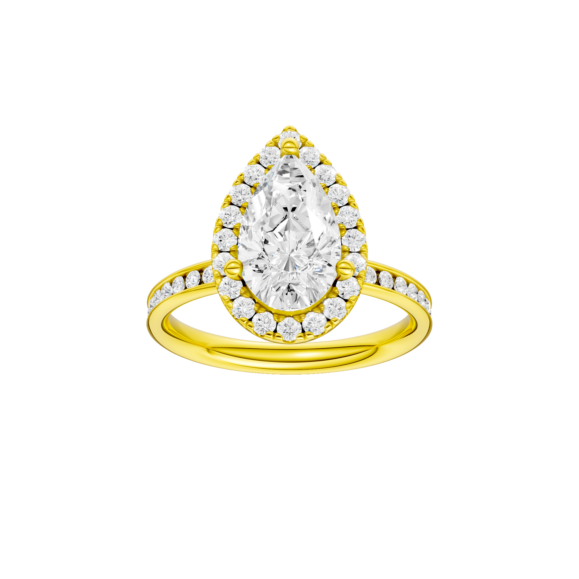 Pear-cut diamond engagement ring with a channel-set diamond band and halo setting.