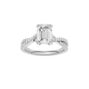 Emerald-cut diamond engagement ring in 14k white gold with a prong-set diamond band and twist setting