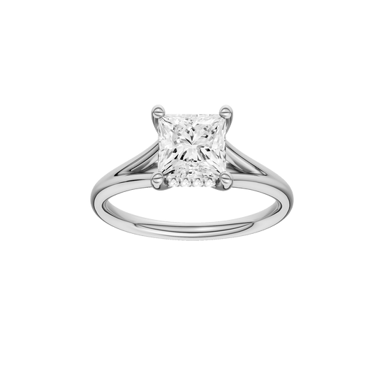 Princess-cut diamond engagement ring with a plain band and hidden-halo setting.