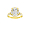 Emerald-cut diamond engagement ring with a channel-set diamond band and halo setting.