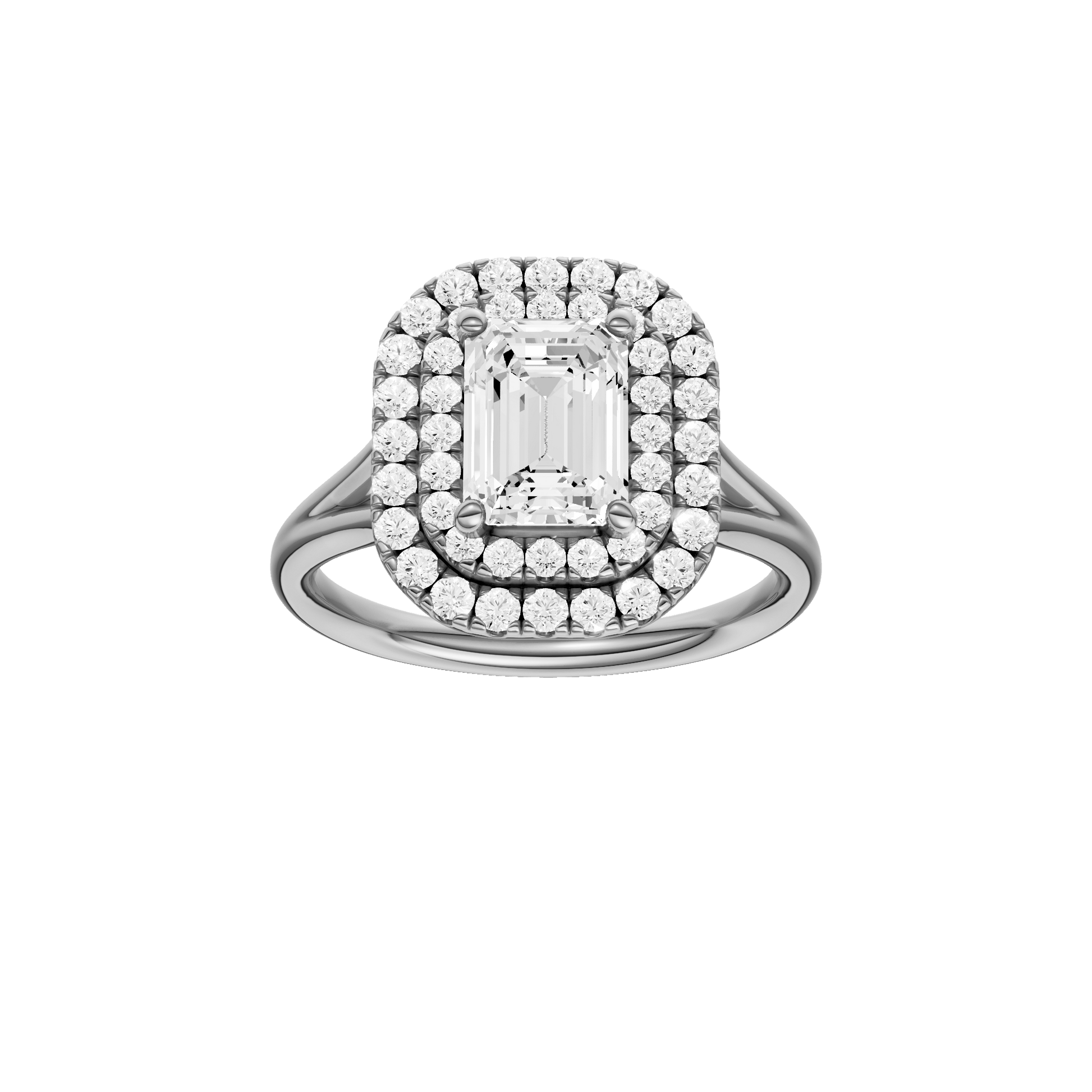 Emerald-cut diamond engagement ring with a plain band and double-halo setting.