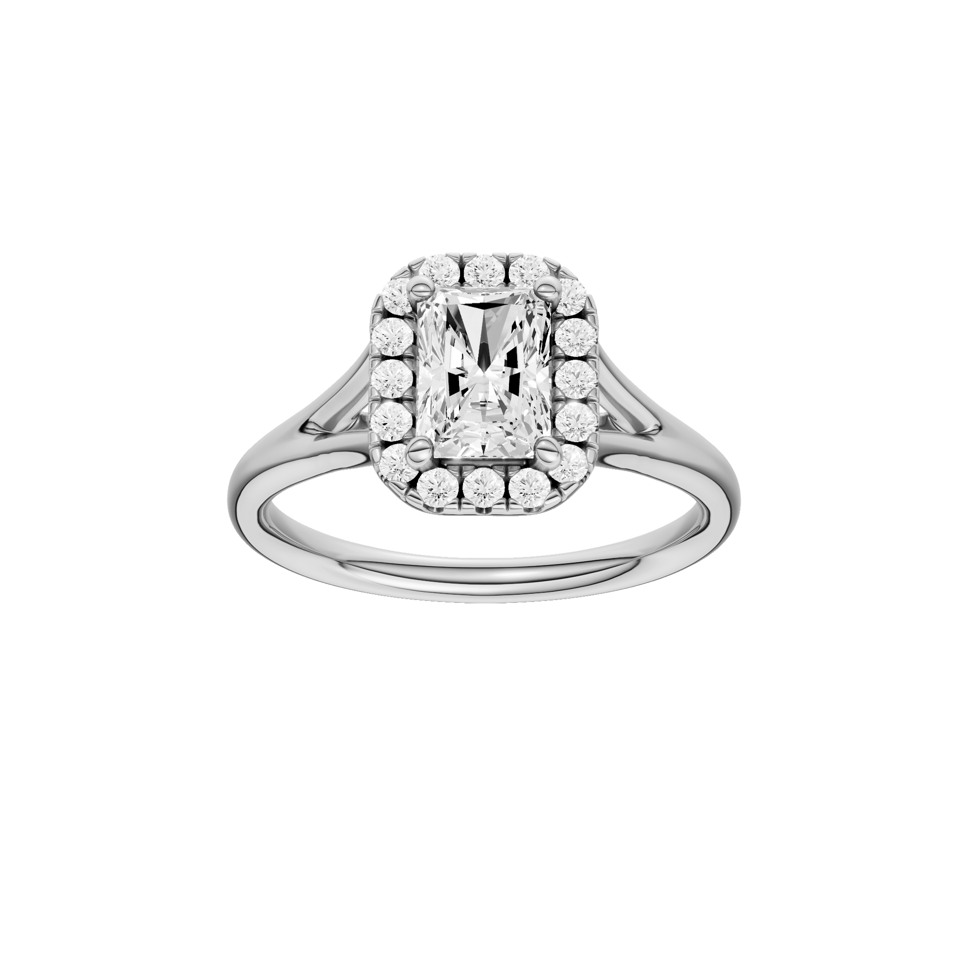 Radiant-cut diamond engagement ring with a plain band and halo setting.