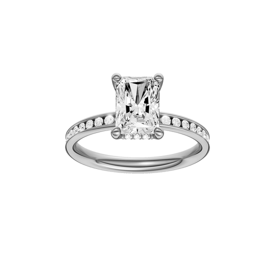 Radiant-cut diamond engagement ring with a channel-set diamond band and hidden-halo setting.