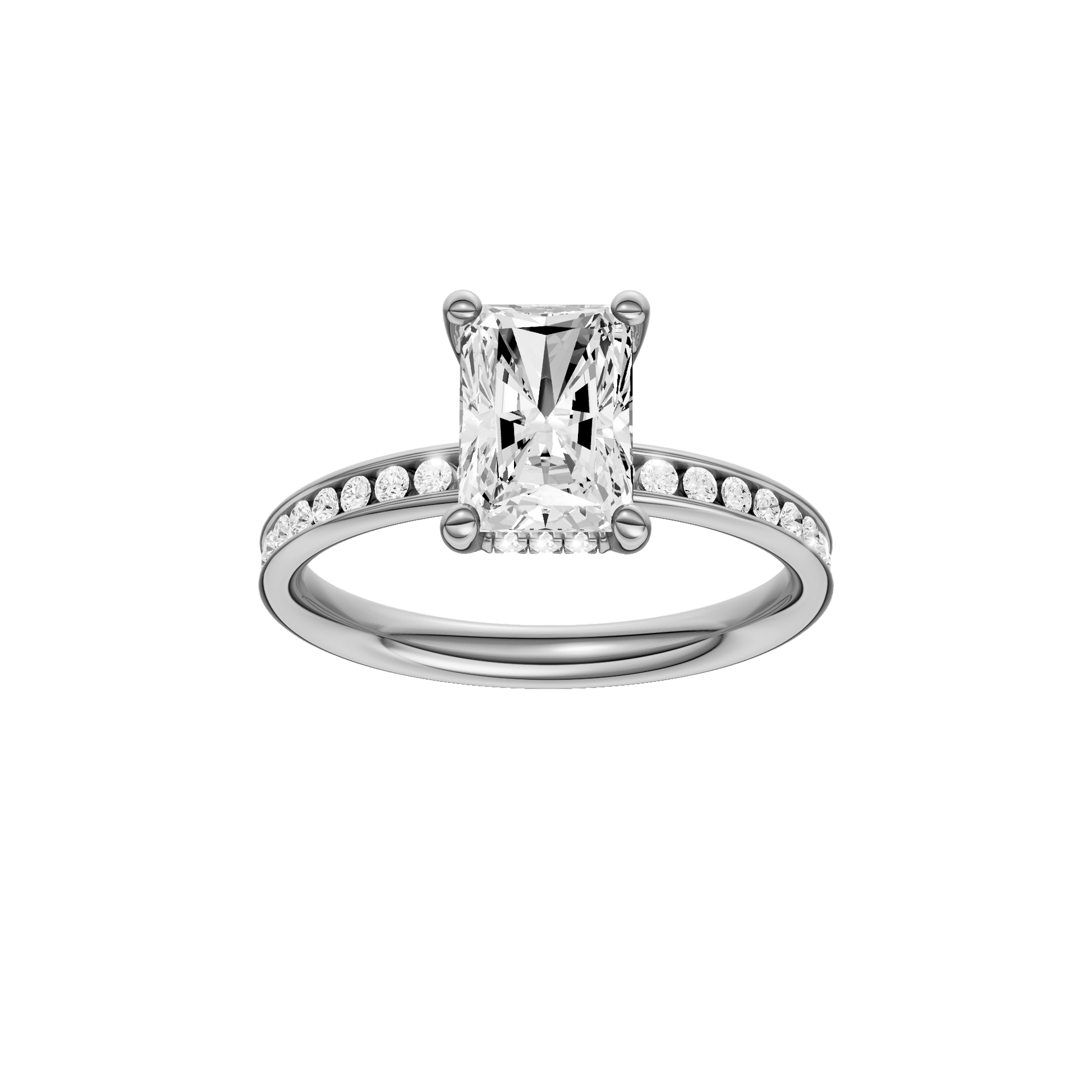 Radiant-cut diamond engagement ring with a channel-set diamond band and hidden-halo setting.