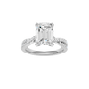 Emerald-cut diamond engagement ring in 14k white gold with a prong-set diamond band and twist setting