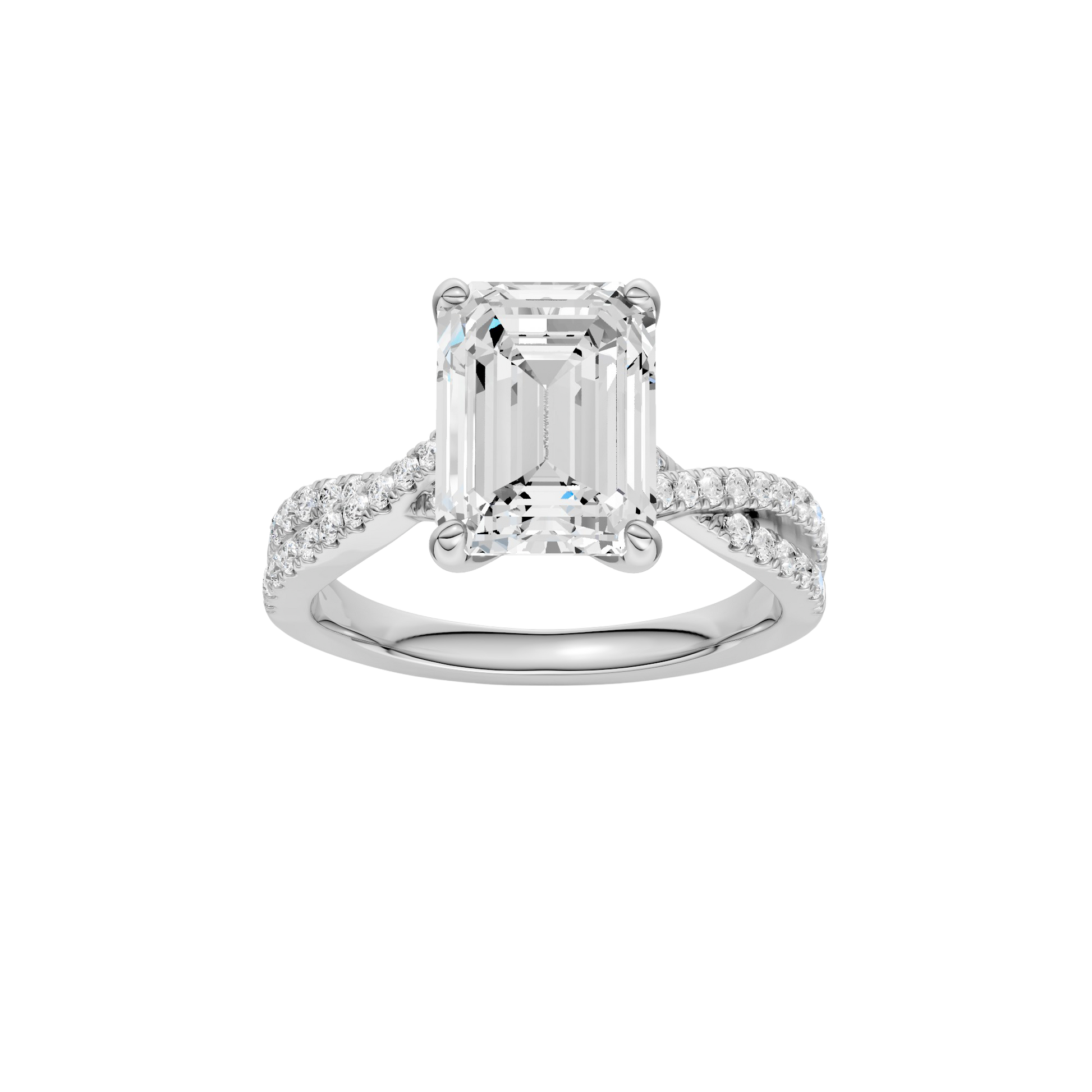 Emerald-cut diamond engagement ring in 14k white gold with a prong-set diamond band and twist setting