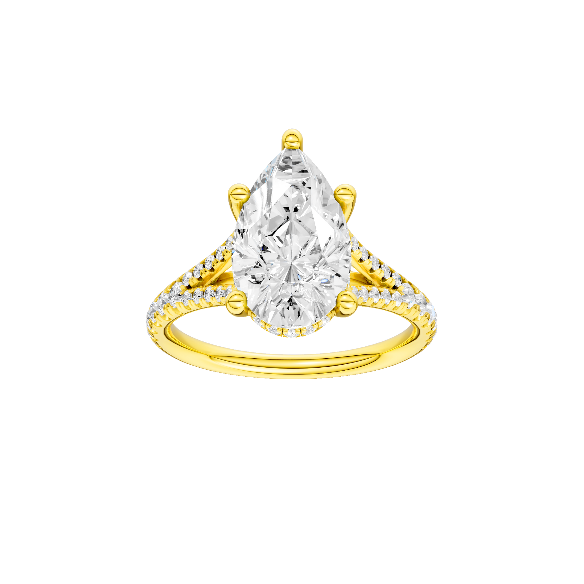 Pear-cut diamond engagement ring with a prong-set diamond band and hidden-halo setting.