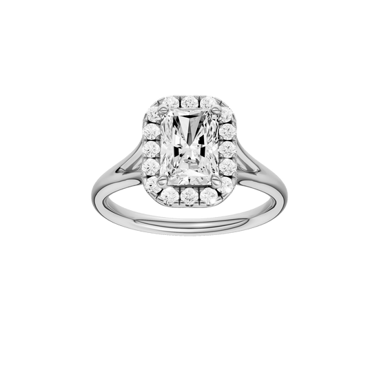 Radiant-cut diamond engagement ring with a plain band and halo setting.