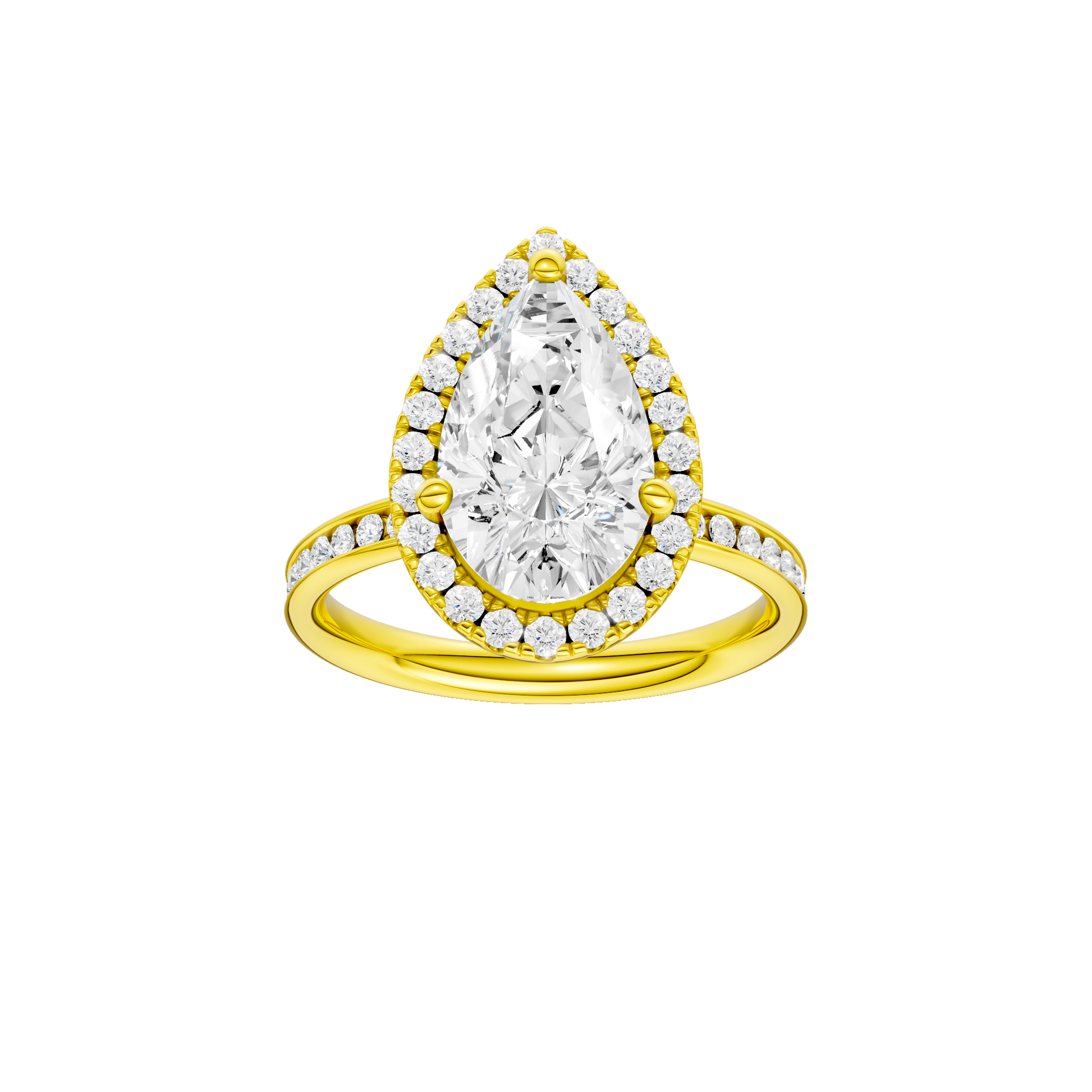 Pear-cut diamond engagement ring with a channel-set diamond band and halo setting.