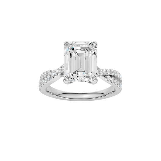 Emerald-cut diamond engagement ring in 14k white gold with a prong-set diamond band and twist setting