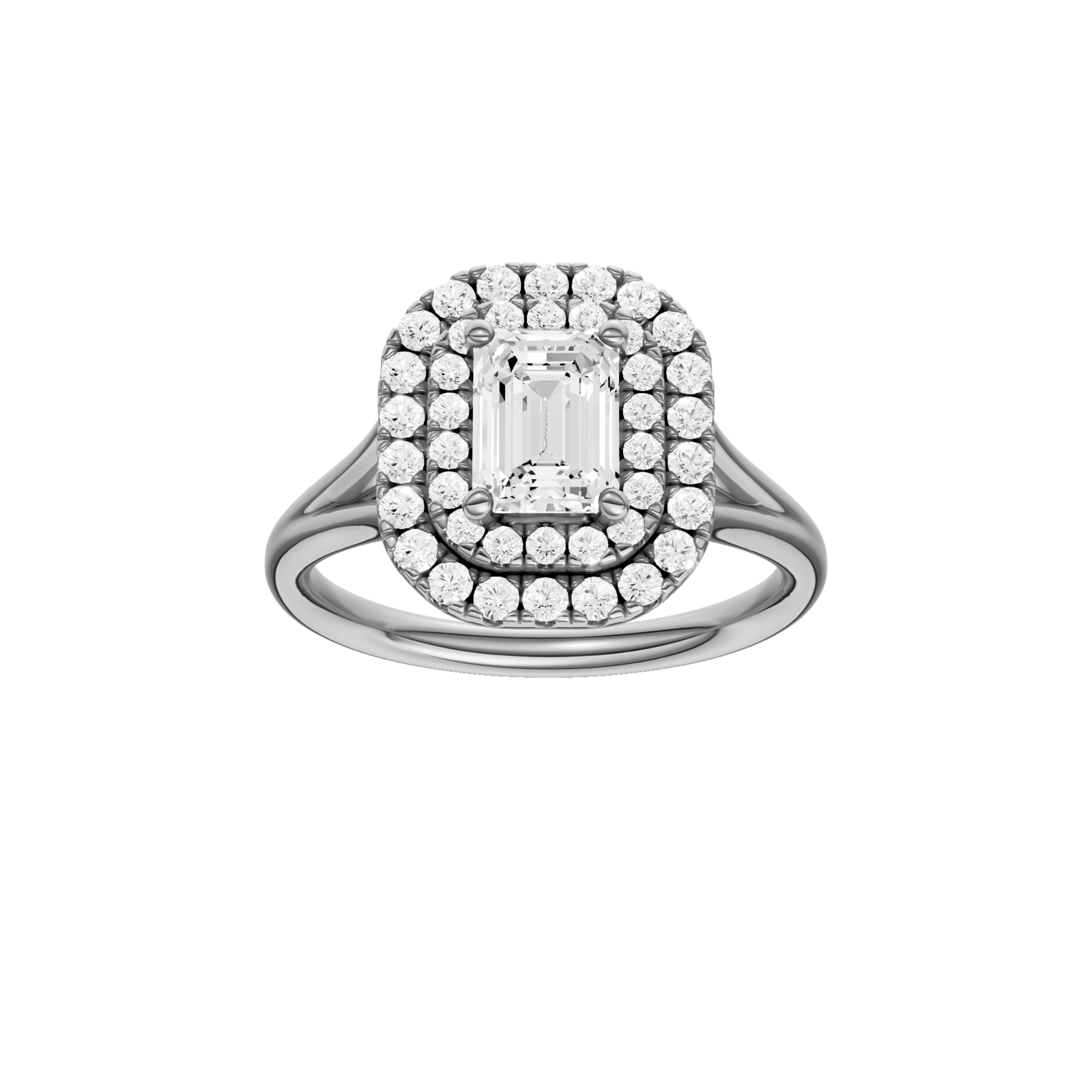 Emerald-cut diamond engagement ring with a plain band and double-halo setting.