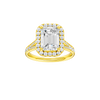 Emerald-cut diamond engagement ring with a channel-set diamond band and halo setting.