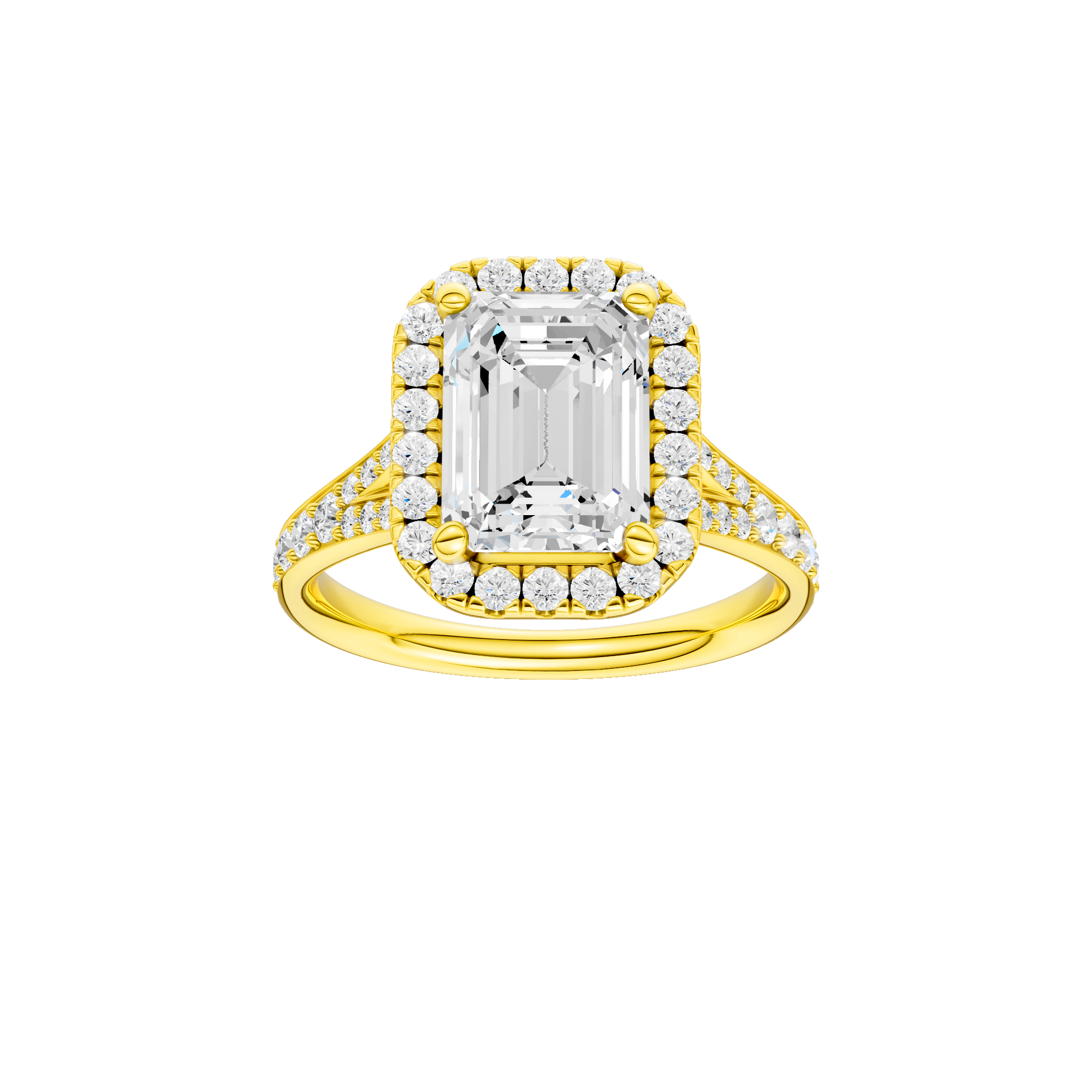 Emerald-cut diamond engagement ring with a channel-set diamond band and halo setting.