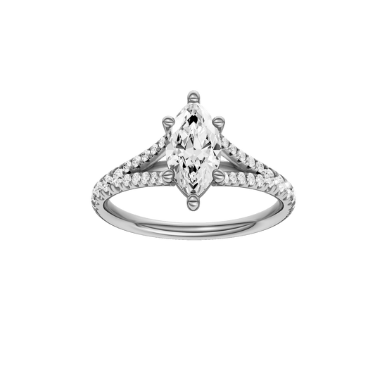 Marquise-cut diamond engagement ring with a prong-set diamond band and solitaire setting.