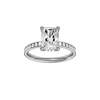 Radiant-cut diamond engagement ring with a channel-set diamond band and hidden-halo setting.