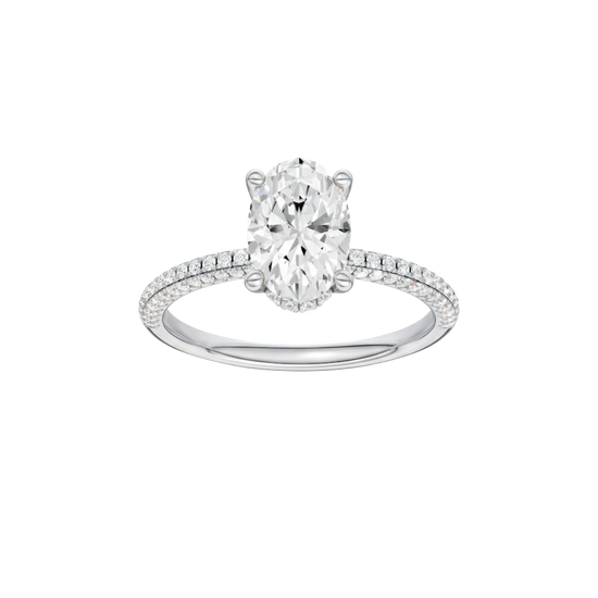 Marquise-cut diamond engagement ring with a pavé-set diamond band and solitaire setting.
