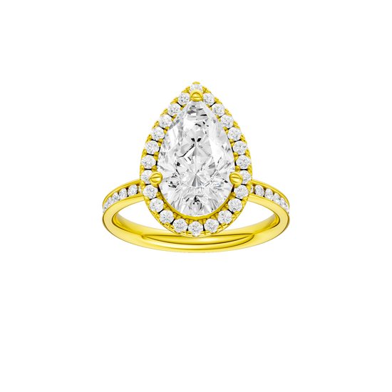 Pear-cut diamond engagement ring with a channel-set diamond band and halo setting.