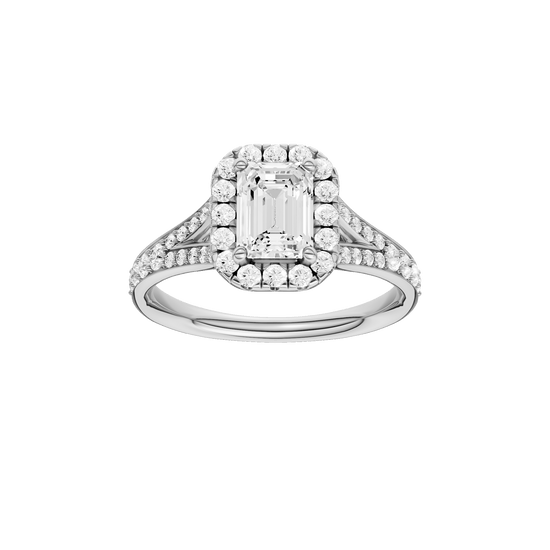 Emerald-cut diamond engagement ring with a channel-set diamond band and halo setting.