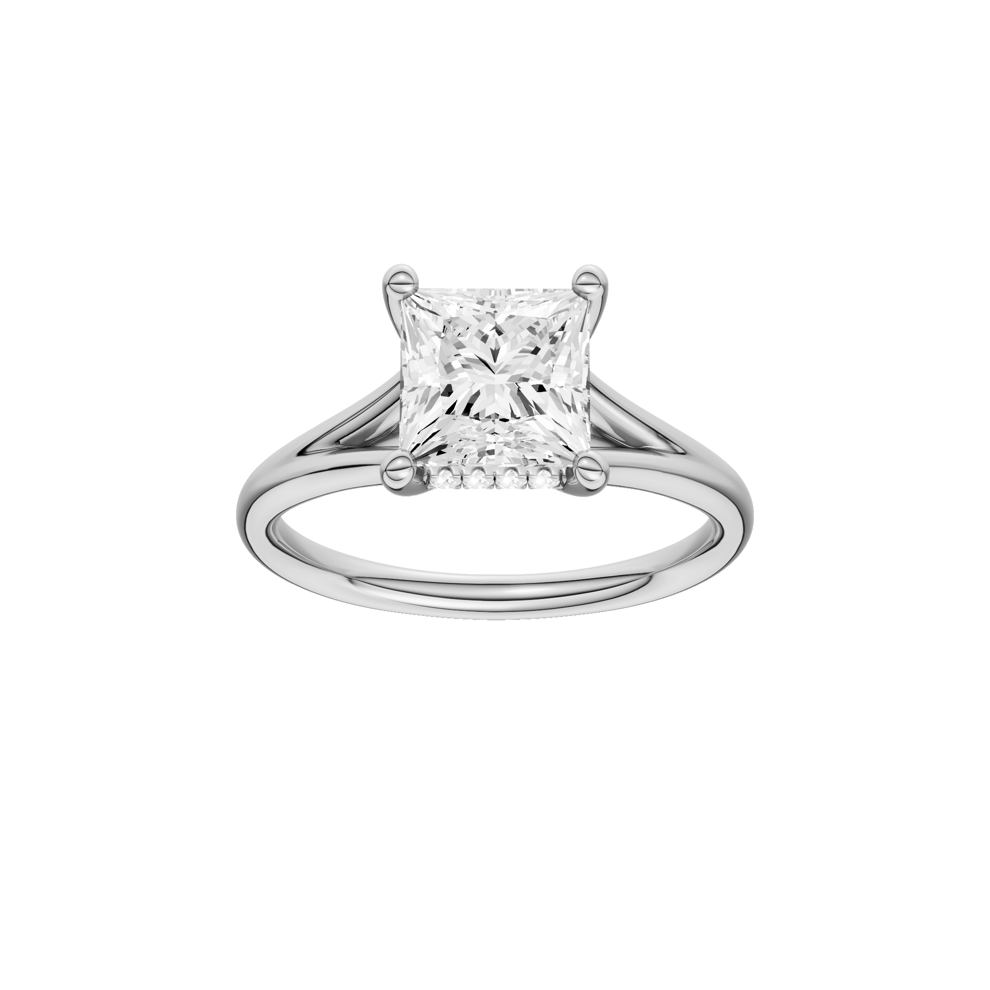 Princess-cut diamond engagement ring with a plain band and hidden-halo setting.