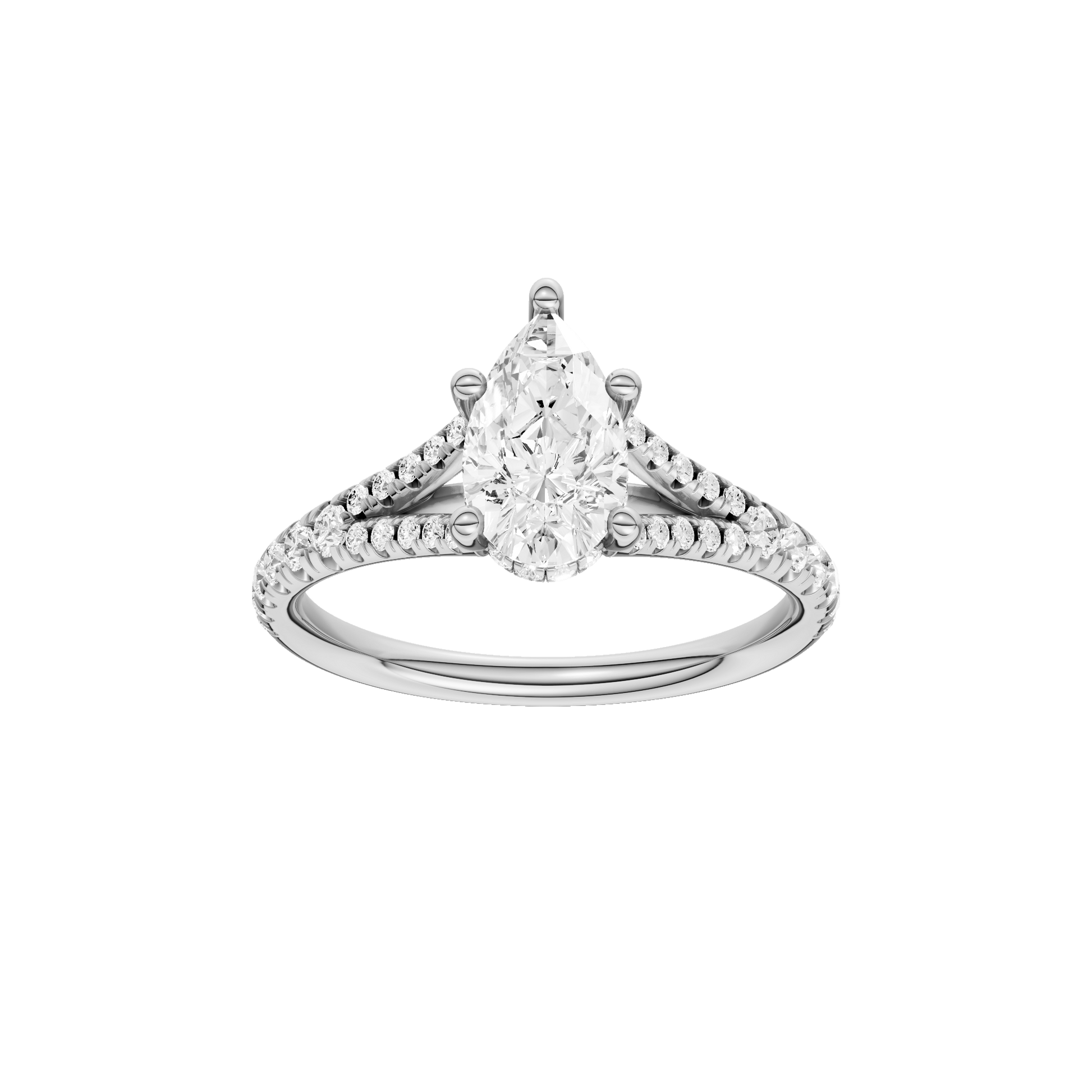 Pear-cut diamond engagement ring with a prong-set diamond band and hidden-halo setting.