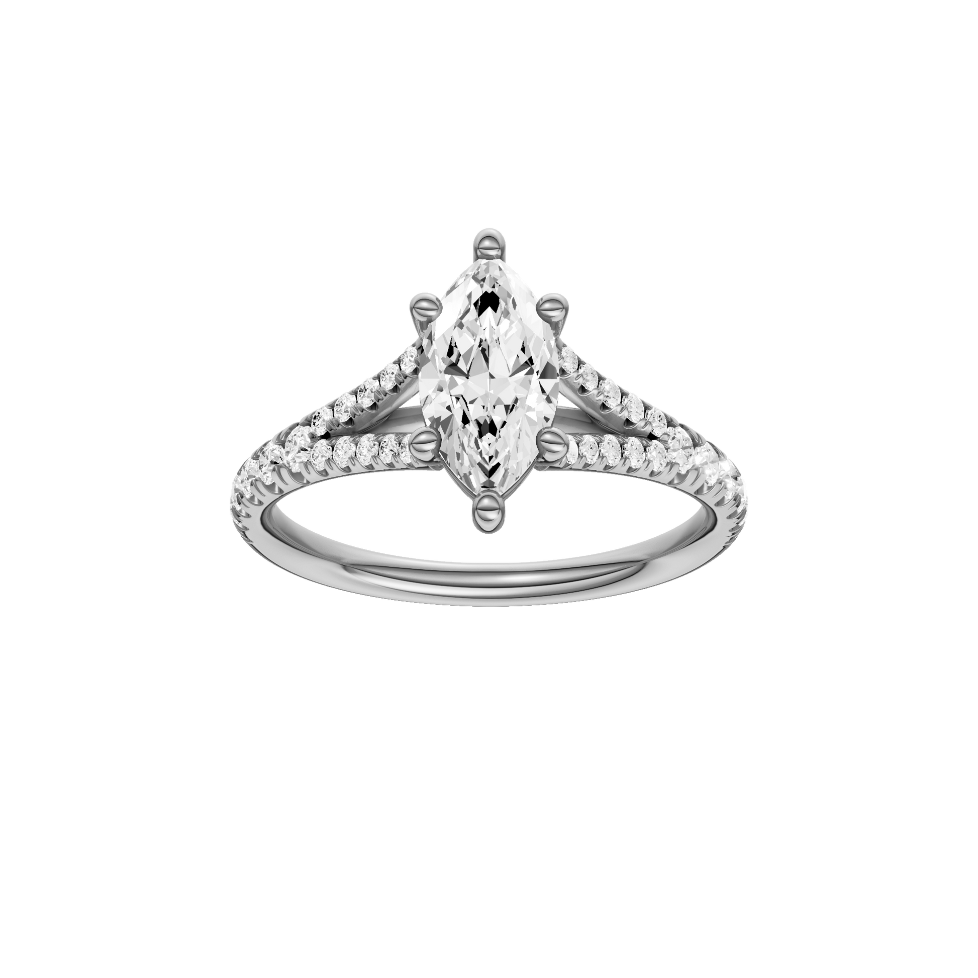 Marquise-cut diamond engagement ring with a prong-set diamond band and solitaire setting.