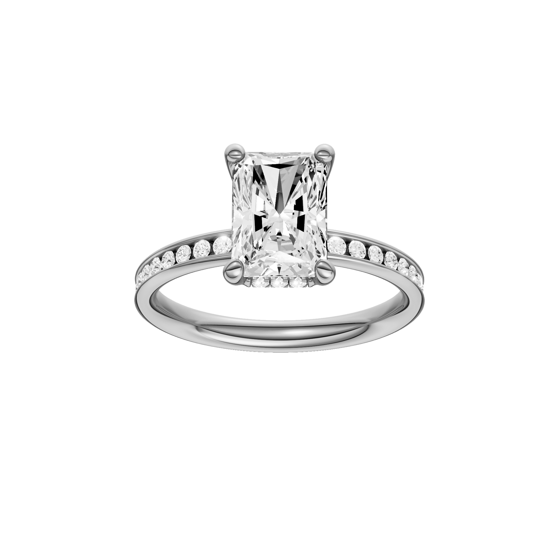 Radiant-cut diamond engagement ring with a channel-set diamond band and hidden-halo setting.
