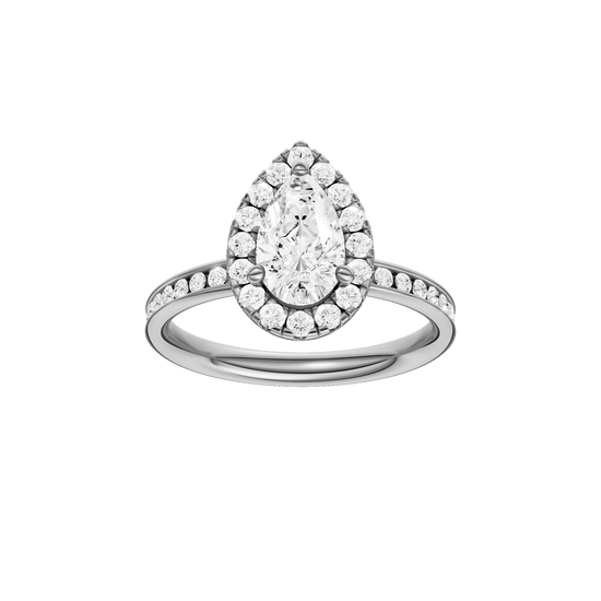 Pear-cut diamond engagement ring with a channel-set diamond band and halo setting.