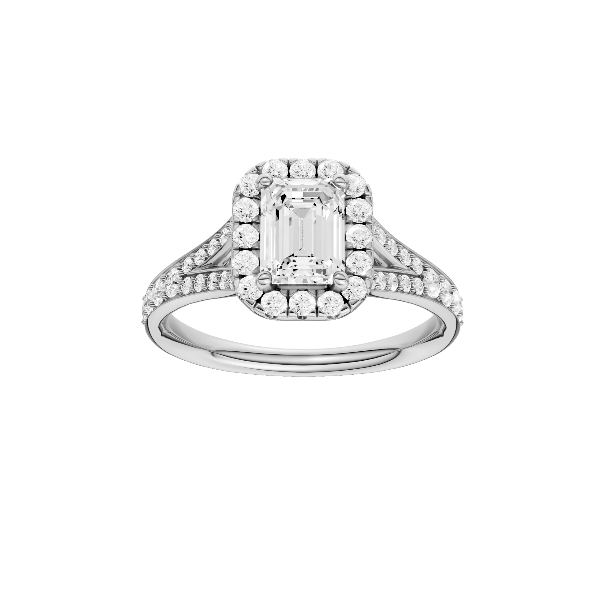 Emerald-cut diamond engagement ring with a channel-set diamond band and halo setting.