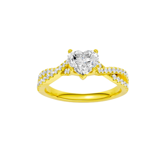 Heart-cut diamond engagement ring in 14k yellow gold with a prong-set diamond band and twist setting