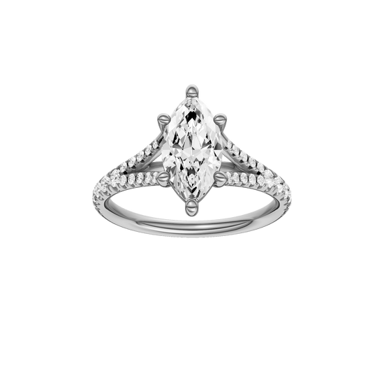 Marquise-cut diamond engagement ring with a prong-set diamond band and solitaire setting.