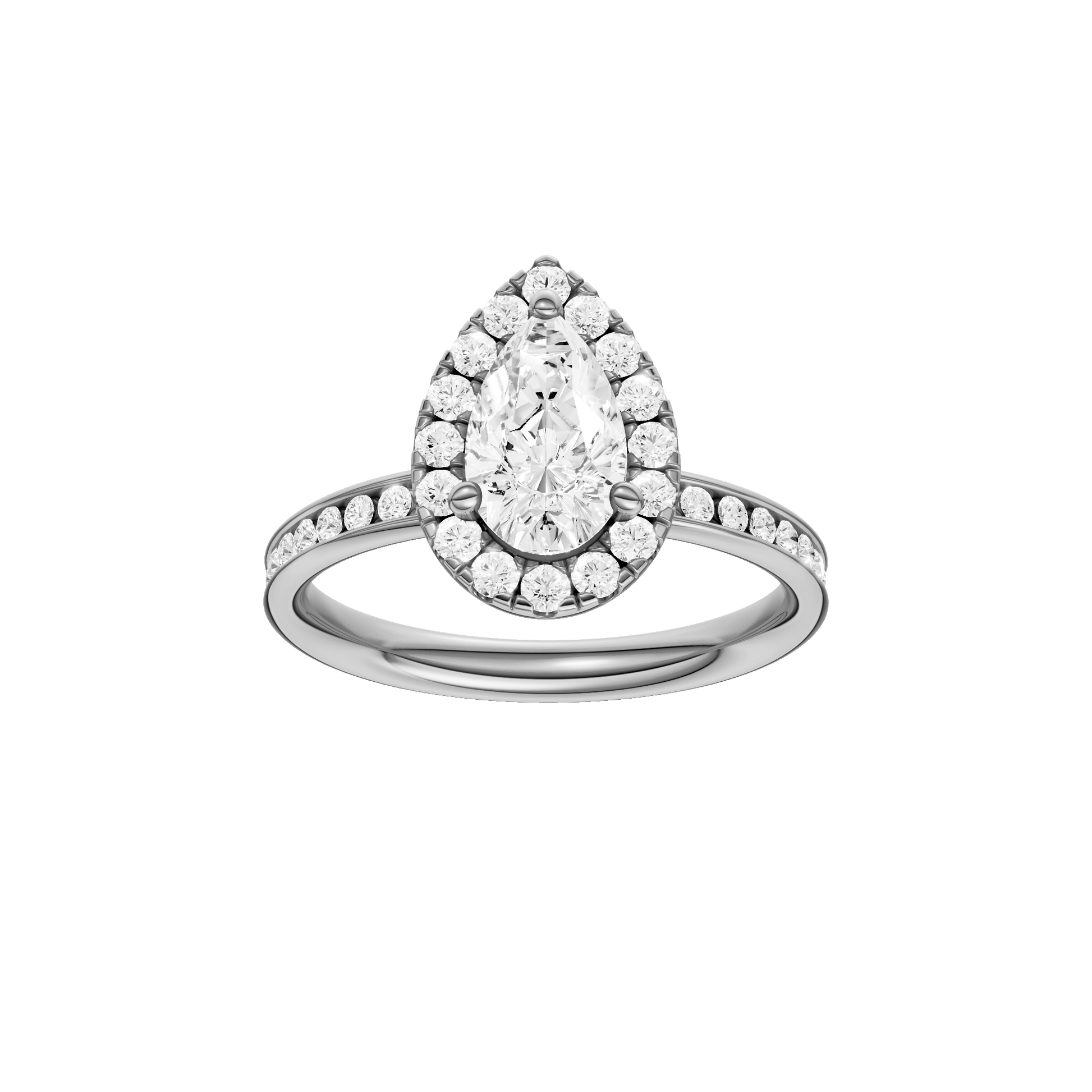 Pear-cut diamond engagement ring with a channel-set diamond band and halo setting.